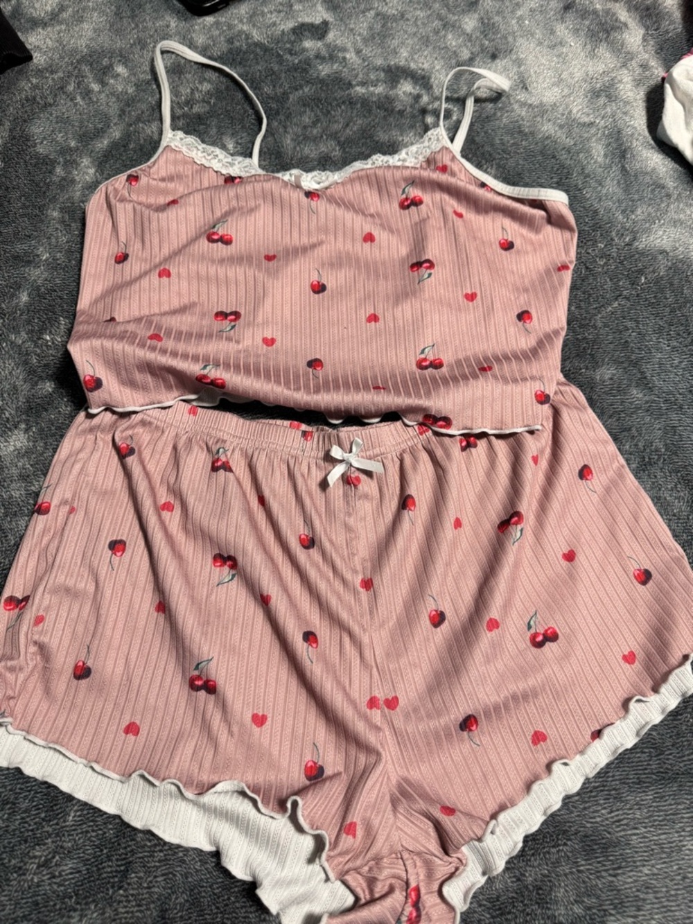 2, two-piece Women's Pink Cherry & White Cherry Ribbed Cami & Short Sleep Set